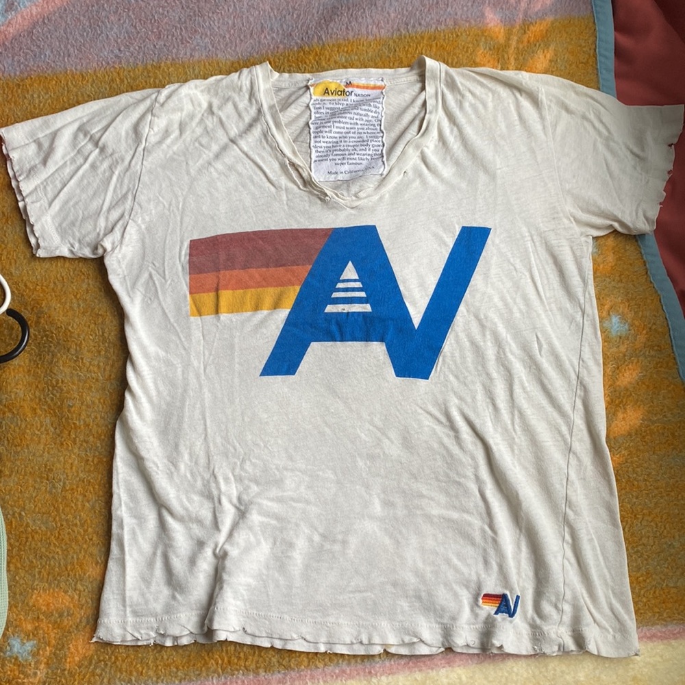 Aviator Nation Distressed V-Neck Tee with Logo Faded Look Good Condition Size M